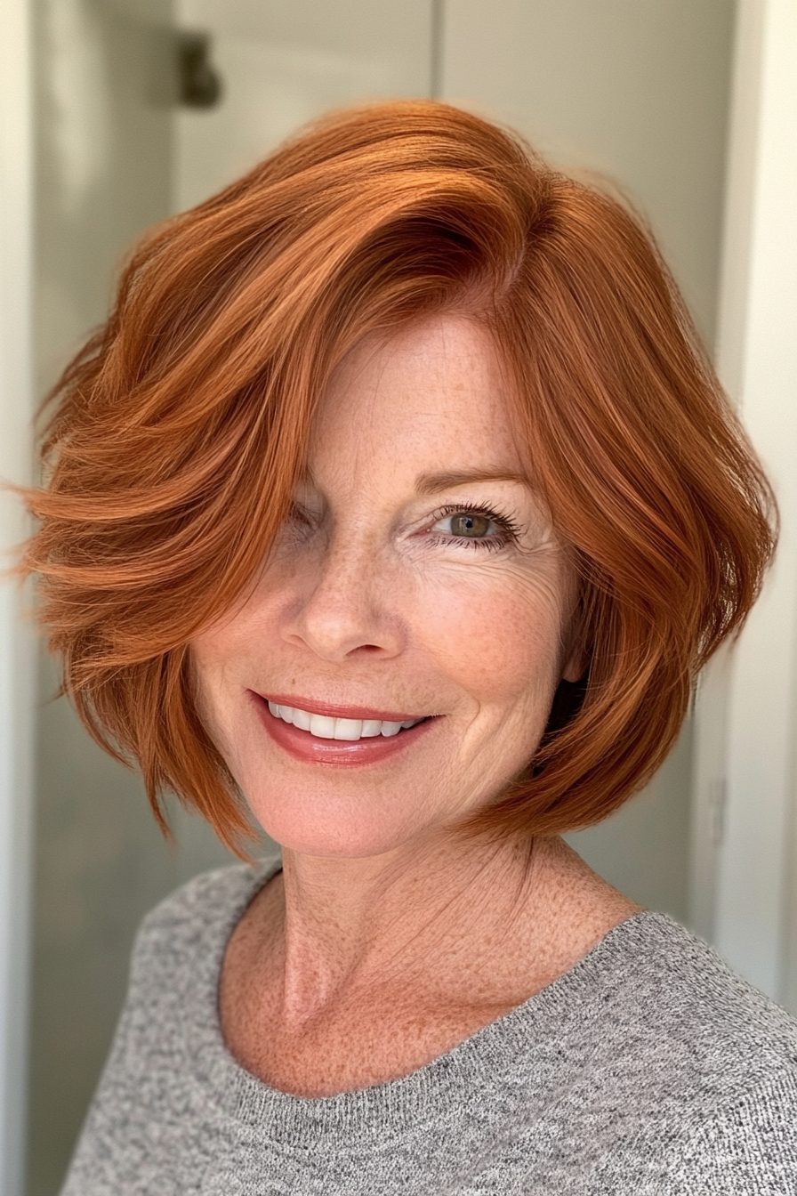 8. Feathered Bob with Auburn Tones (Short Bob Haircuts For Women Over 50) - Short Bob Haircuts For Women Over 50
