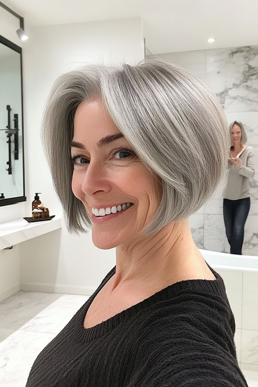 9. Asymmetrical Bob in Natural Gray (Short Bob Haircuts For Women Over 50) - Short Bob Haircuts For Women Over 50