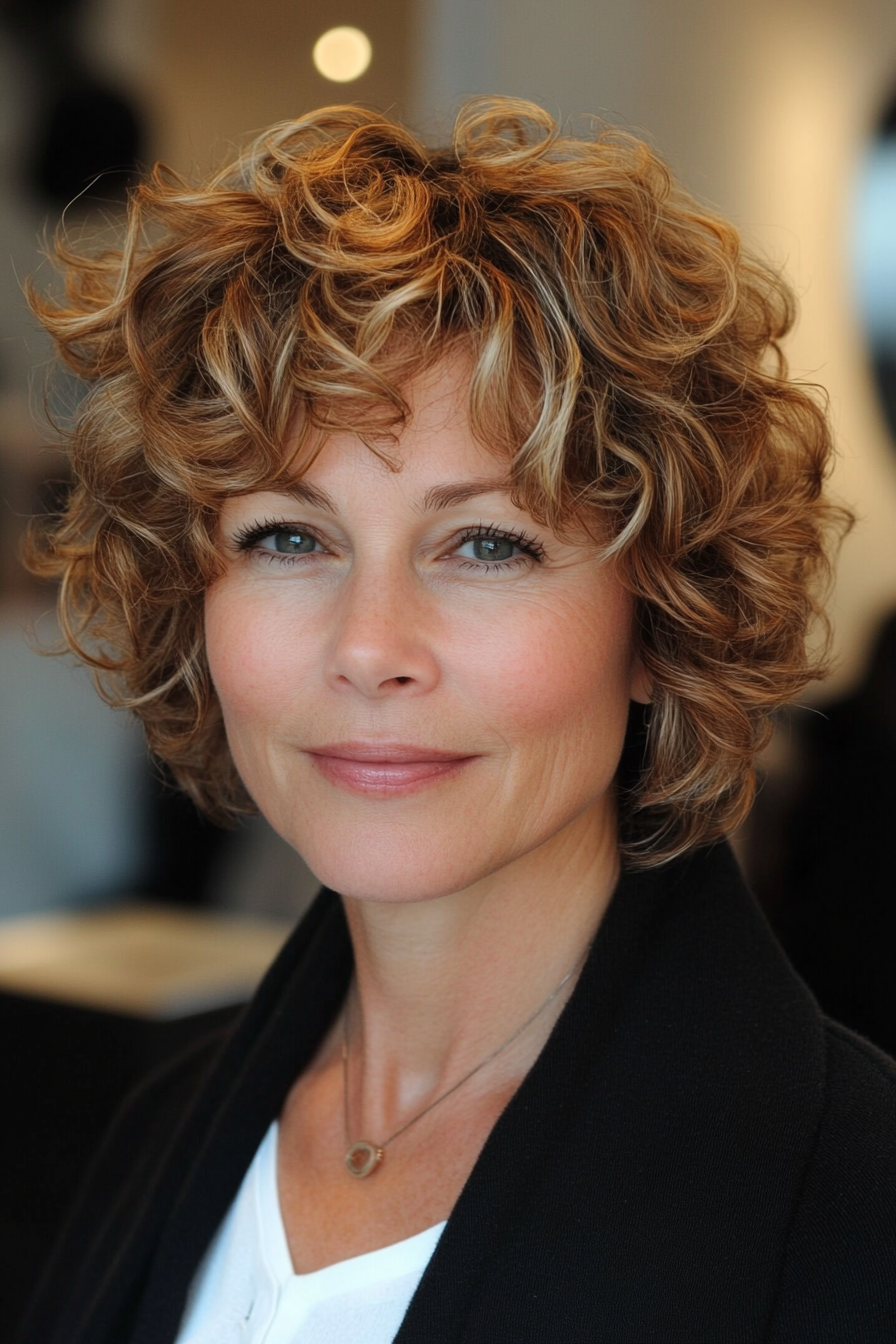 10. Curly Bob with Honey Highlights (Short Bob Haircuts For Women Over 50) - Short Bob Haircuts For Women Over 50