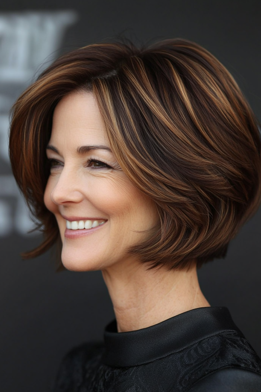 12. Stacked Bob with Mahogany Undertones (Short Bob Haircuts For Women Over 50) - Short Bob Haircuts For Women Over 50