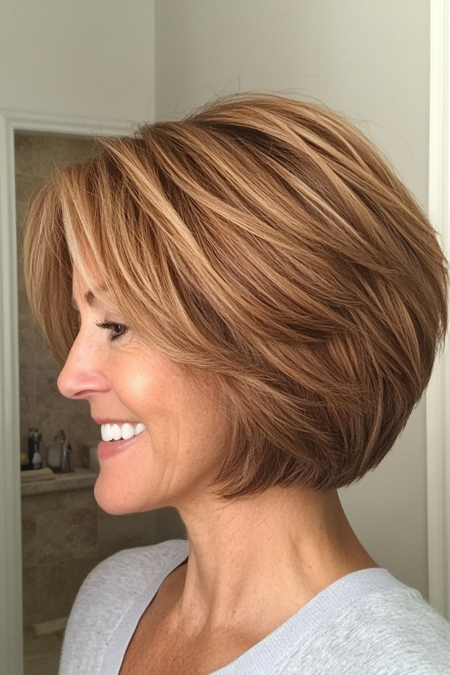 16. Bob with Wispy Layers in Soft Caramel (Short Bob Haircuts For Women Over 50) - Short Bob Haircuts For Women Over 50