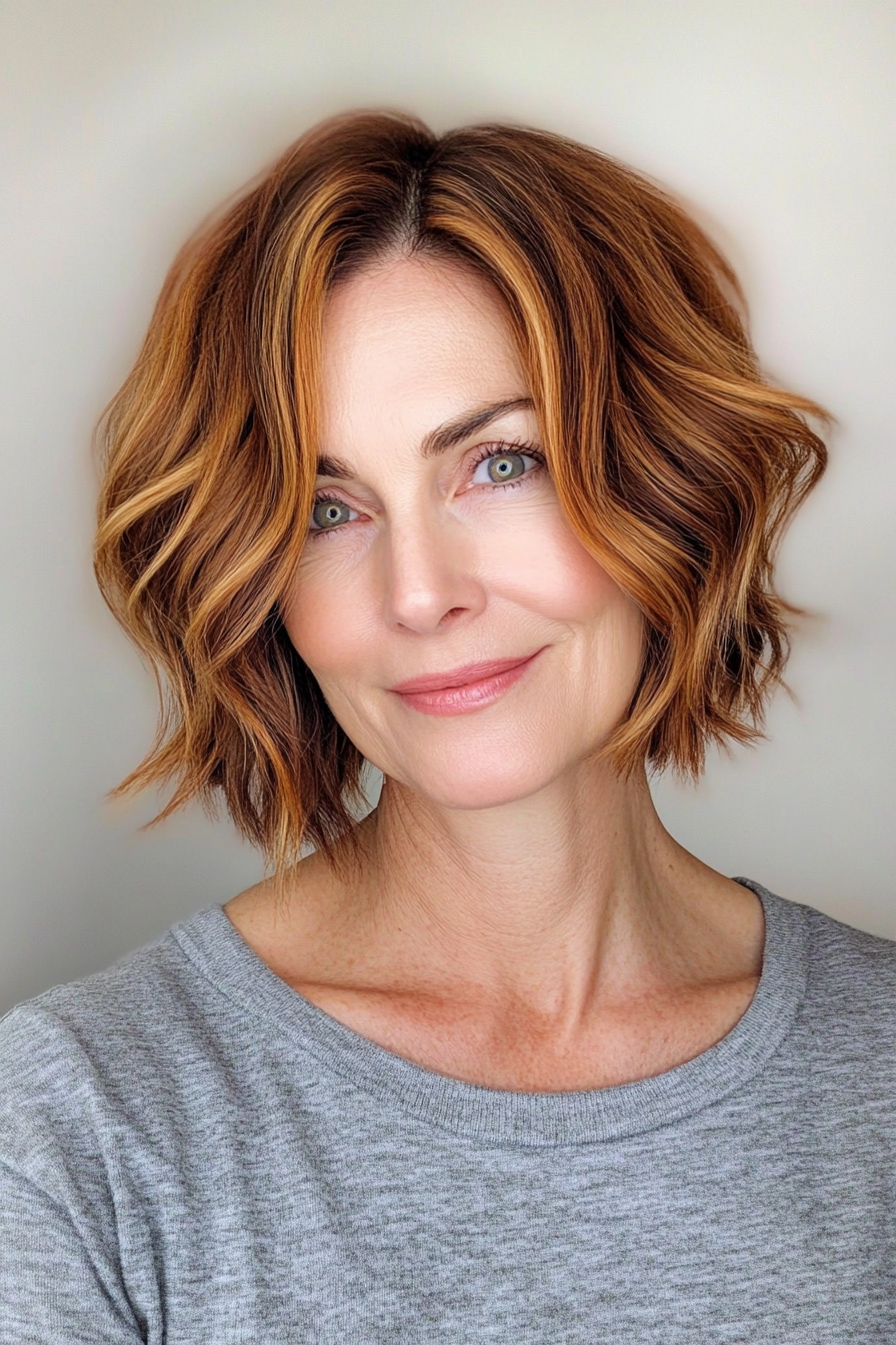 18. Wavy Bob with Chestnut Balayage (Short Bob Haircuts For Women Over 50) - Short Bob Haircuts For Women Over 50