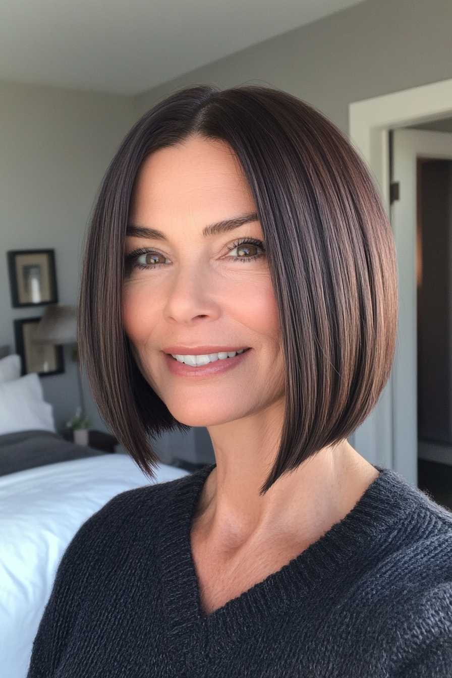 19. Blunt Cut Bob in Rich Brunette (Short Bob Haircuts For Women Over 50) - Short Bob Haircuts For Women Over 50