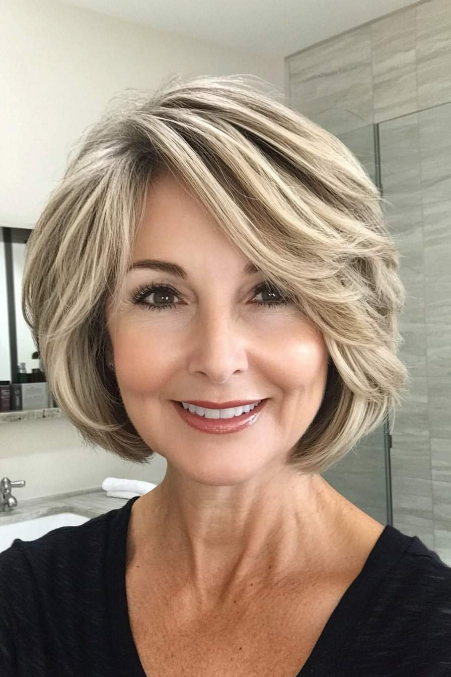 20. Layered Bob with Soft Blonde Highlights (Short Bob Haircuts For Women Over 50) - Short Bob Haircuts For Women Over 50