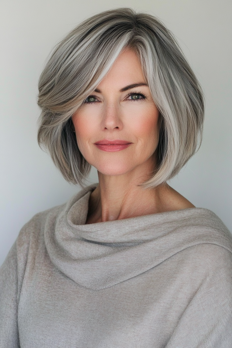 21. Bob with Curtain Bangs in Ash Blonde (Short Bob Haircuts For Women Over 50) - Short Bob Haircuts For Women Over 50