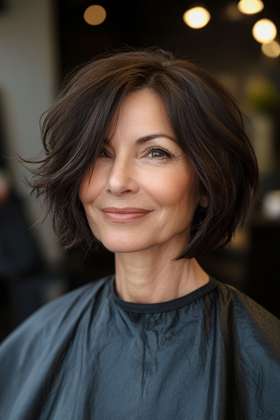 23. Short Bob with Subtle Layers in Natural Dark Brown (Short Bob Haircuts For Women Over 50) - Short Bob Haircuts For Women Over 50