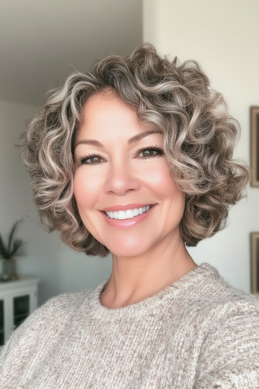 24. Bob with Voluminous Curls in Salt-and-Pepper (Short Bob Haircuts For Women Over 50) - Short Bob Haircuts For Women Over 50