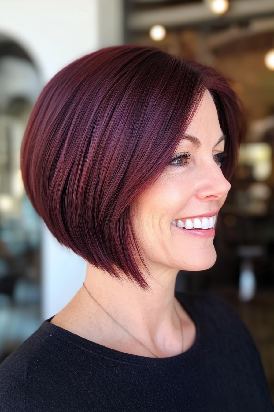 25. Sleek A-Line Bob in Deep Burgundy (Short Bob Haircuts For Women Over 50) - Short Bob Haircuts For Women Over 50
