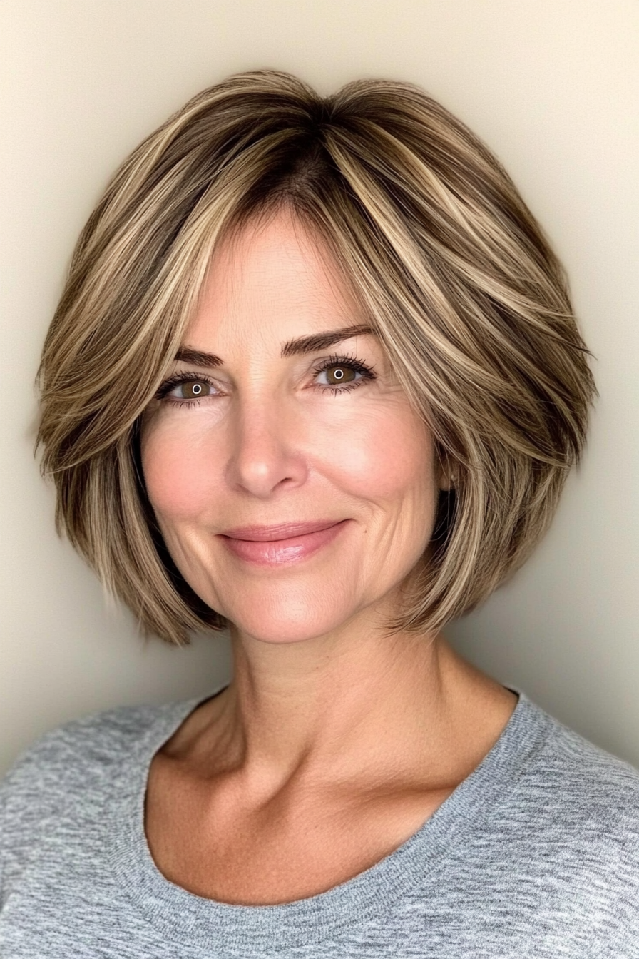 27. Layered Bob with Face-Framing Highlights in Dark Blonde (Short Bob Haircuts For Women Over 50) - Short Bob Haircuts For Women Over 50