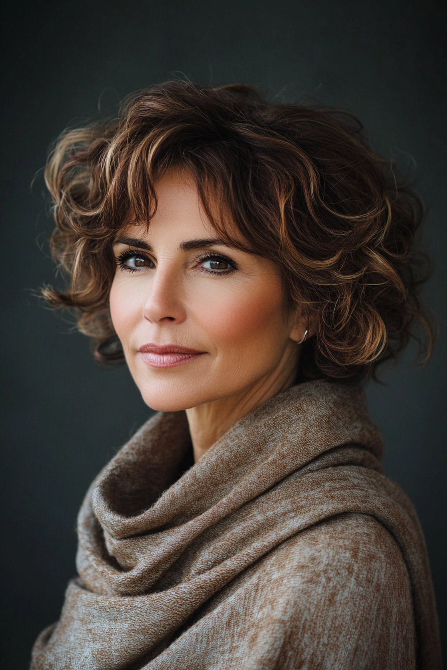 2. Layered Bob with Chestnut Highlights (Short Haircuts For Women Over 60 With Curly Hair) - Short Haircuts For Women Over 60 With Curly Hair