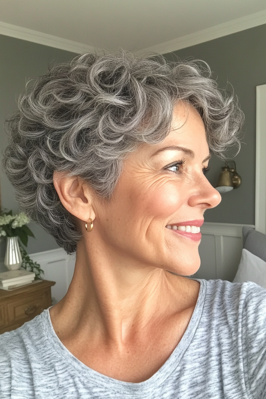 3. Tapered Crop with Salt-and-Pepper Tones (Short Haircuts For Women Over 60 With Curly Hair) - Short Haircuts For Women Over 60 With Curly Hair