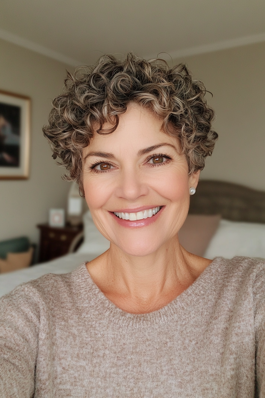 8. Curly Crop with Subtle Layers in Light Brown (Short Haircuts For Women Over 60 With Curly Hair) - Short Haircuts For Women Over 60 With Curly Hair