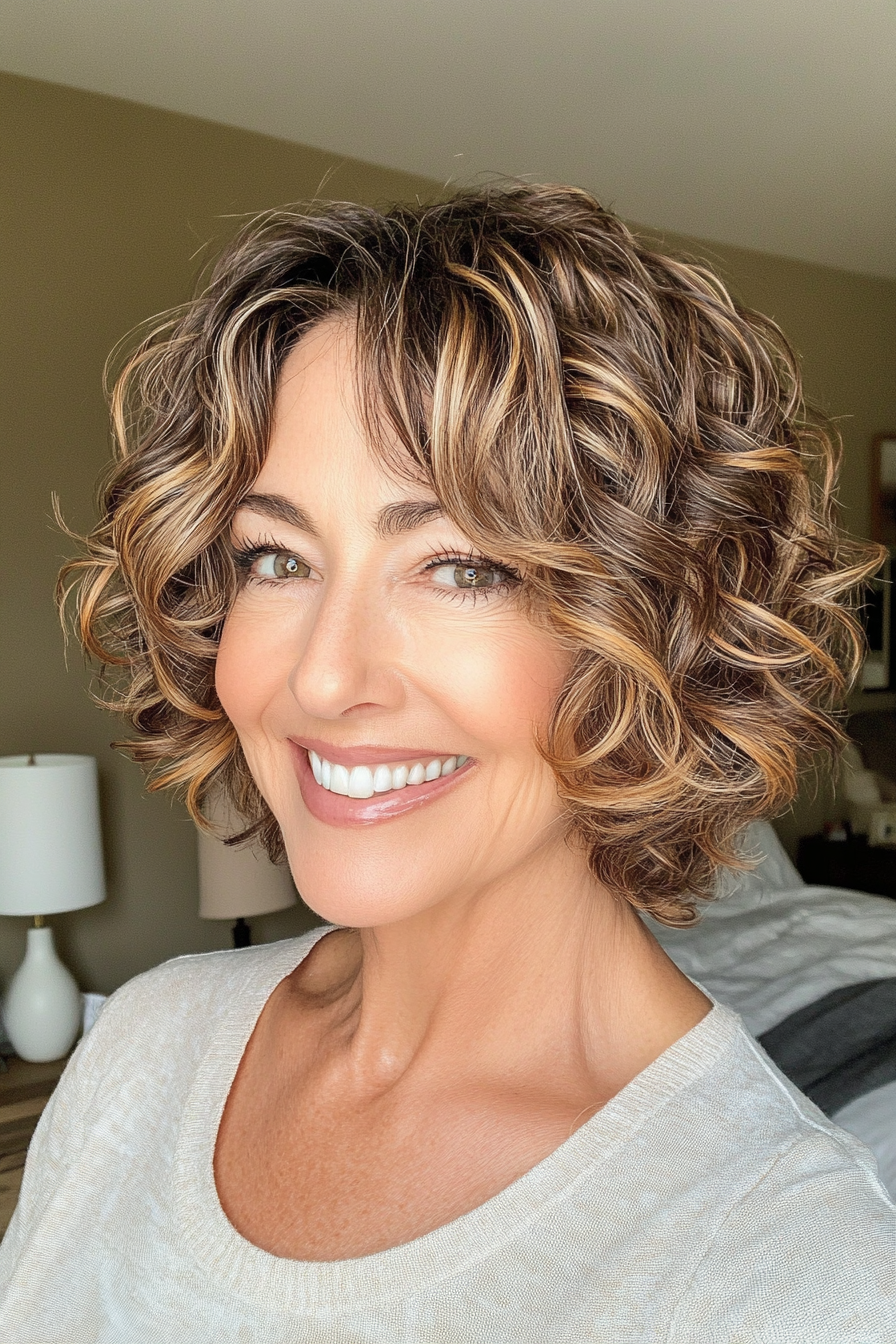 9. Wavy Bob with Caramel Highlights (Short Haircuts For Women Over 60 With Curly Hair) - Short Haircuts For Women Over 60 With Curly Hair