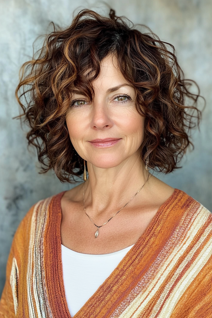 12. Curly Bob with Side Part in Dark Auburn (Short Haircuts For Women Over 60 With Curly Hair) - Short Haircuts For Women Over 60 With Curly Hair