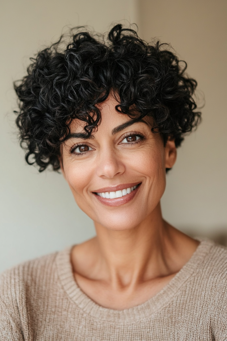 13. Tapered Pixie with Voluminous Curls in Natural Black (Short Haircuts For Women Over 60 With Curly Hair) - Short Haircuts For Women Over 60 With Curly Hair