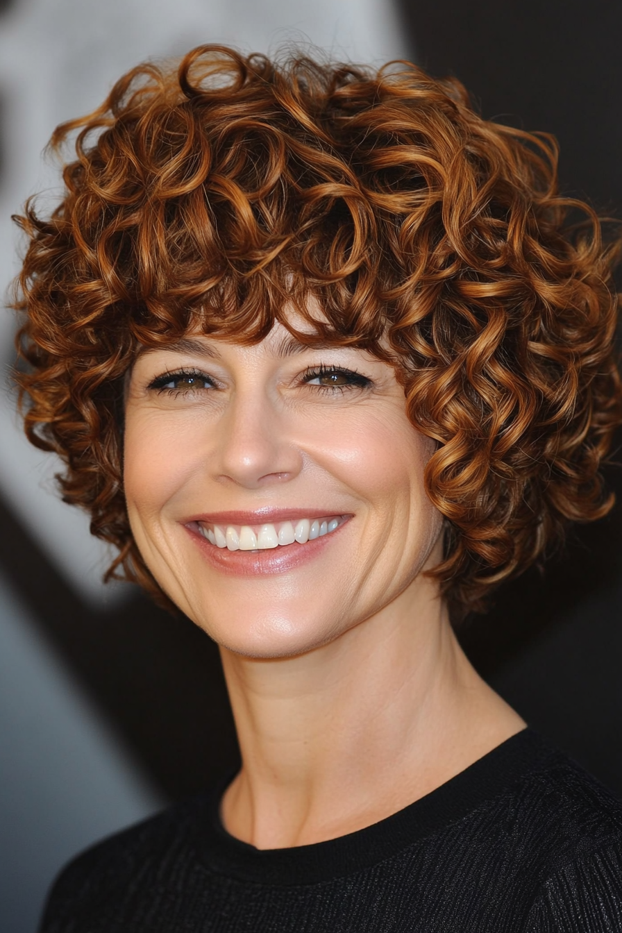 14. Short Curly Bob with Bangs in Chestnut Brown (Short Haircuts For Women Over 60 With Curly Hair) - Short Haircuts For Women Over 60 With Curly Hair