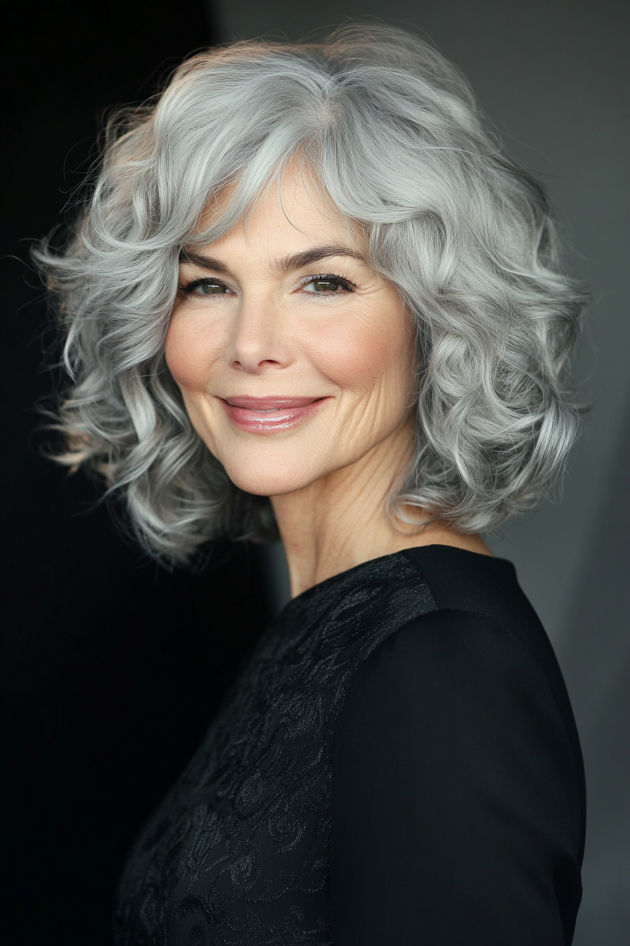 15. Soft Waves with Side-Swept Bangs in Light Gray (Short Haircuts For Women Over 60 With Curly Hair) - Short Haircuts For Women Over 60 With Curly Hair