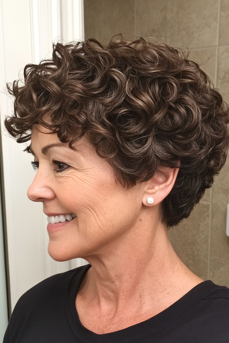 16. Curly Pixie with Defined Curls in Dark Brown (Short Haircuts For Women Over 60 With Curly Hair) - Short Haircuts For Women Over 60 With Curly Hair