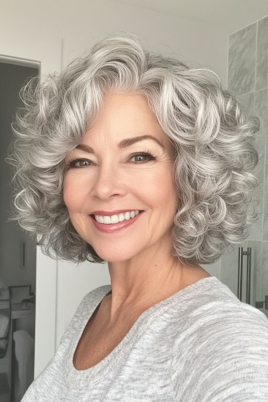 17. Layered Bob with Soft Curls in Silver Blonde (Short Haircuts For Women Over 60 With Curly Hair) - Short Haircuts For Women Over 60 With Curly Hair