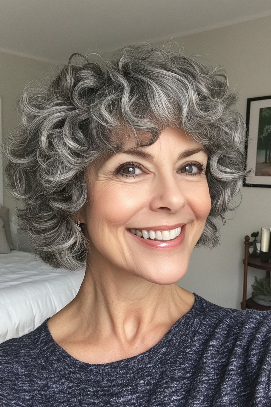 18. Short Curly Shag with Bangs in Natural Gray (Short Haircuts For Women Over 60 With Curly Hair) - Short Haircuts For Women Over 60 With Curly Hair
