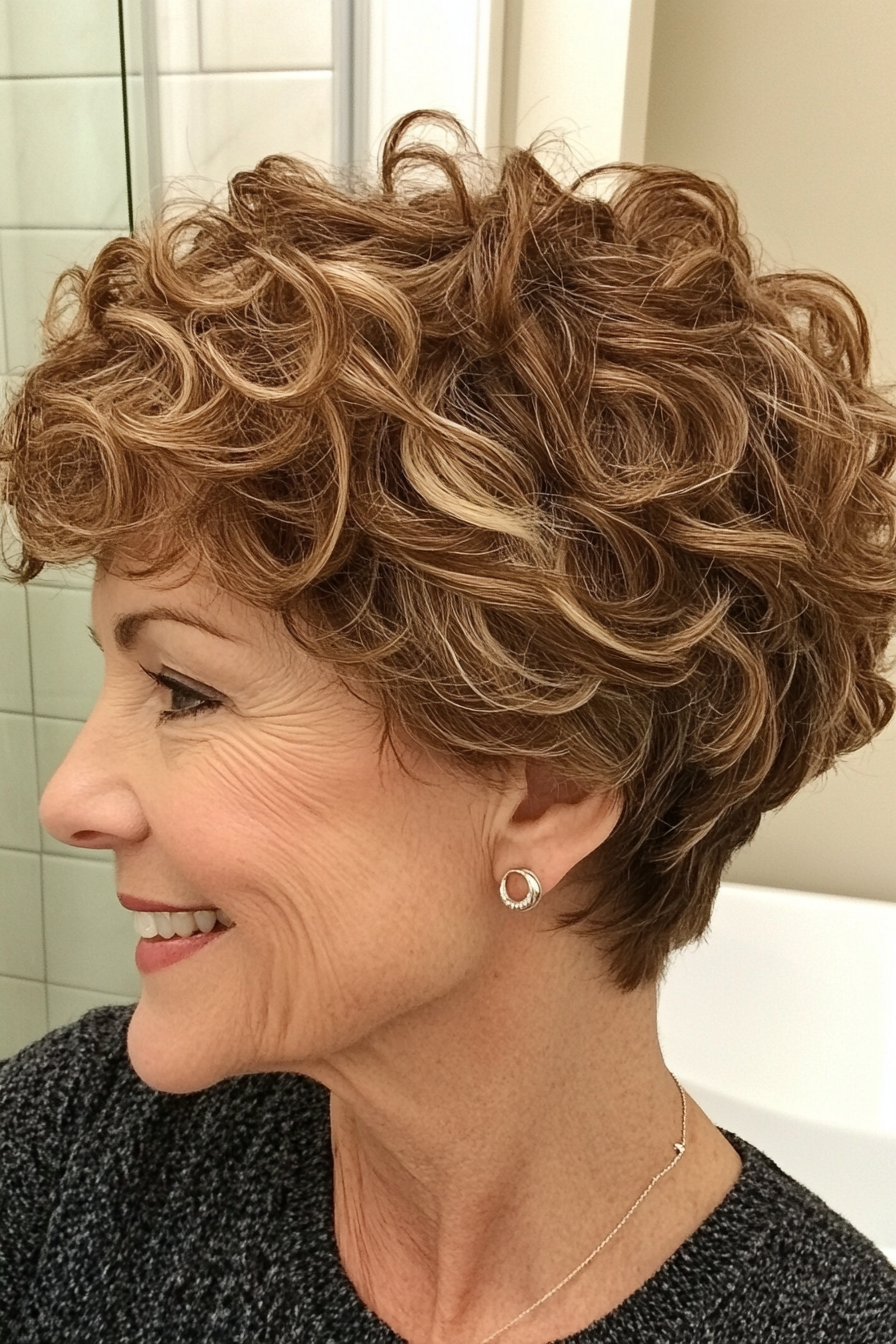 19. Wavy Pixie Cut with Highlights in Light Brown (Short Haircuts For Women Over 60 With Curly Hair) - Short Haircuts For Women Over 60 With Curly Hair