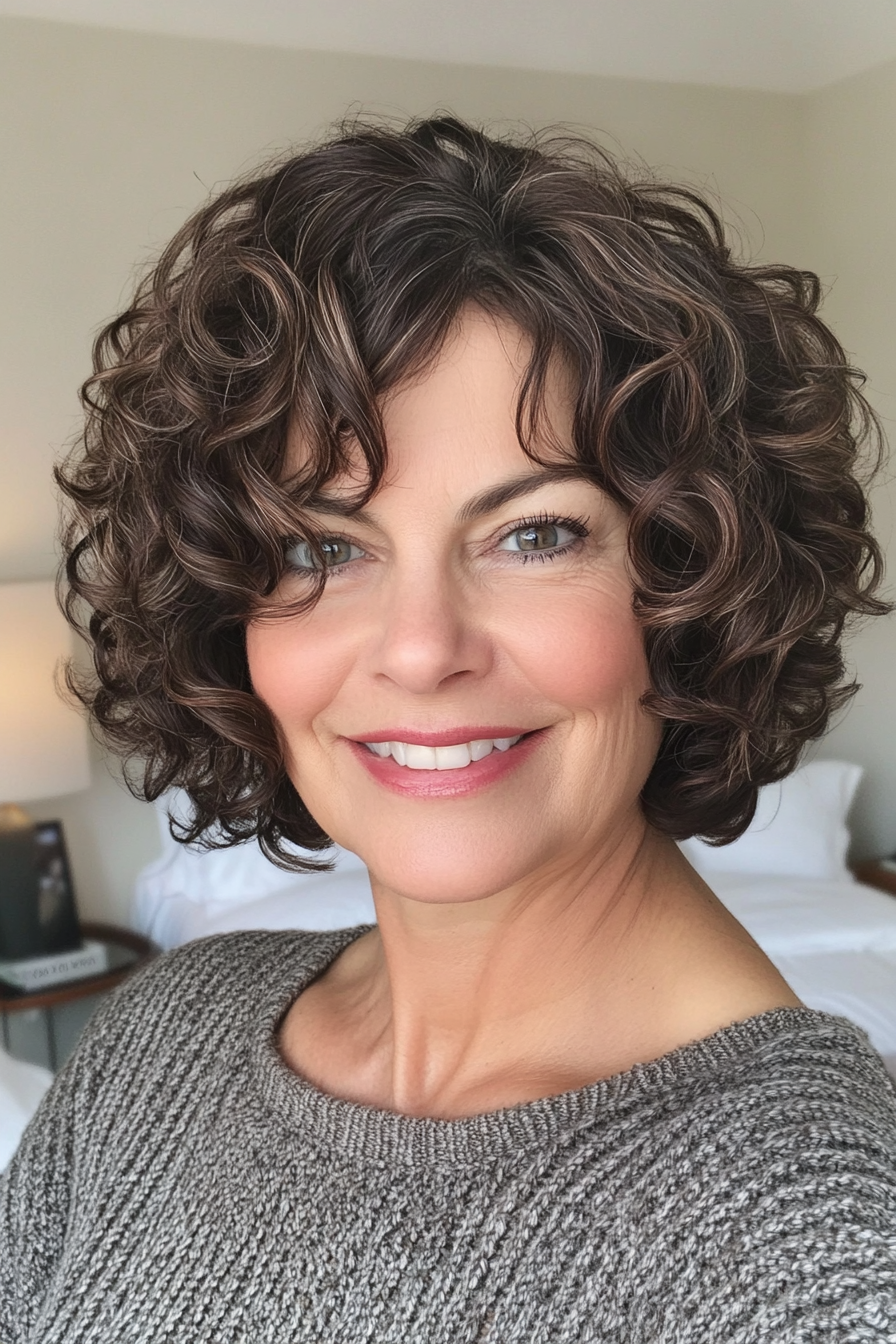 20. Curly Bob with Layers and Side Part in Dark Auburn (Short Haircuts For Women Over 60 With Curly Hair) - Short Haircuts For Women Over 60 With Curly Hair