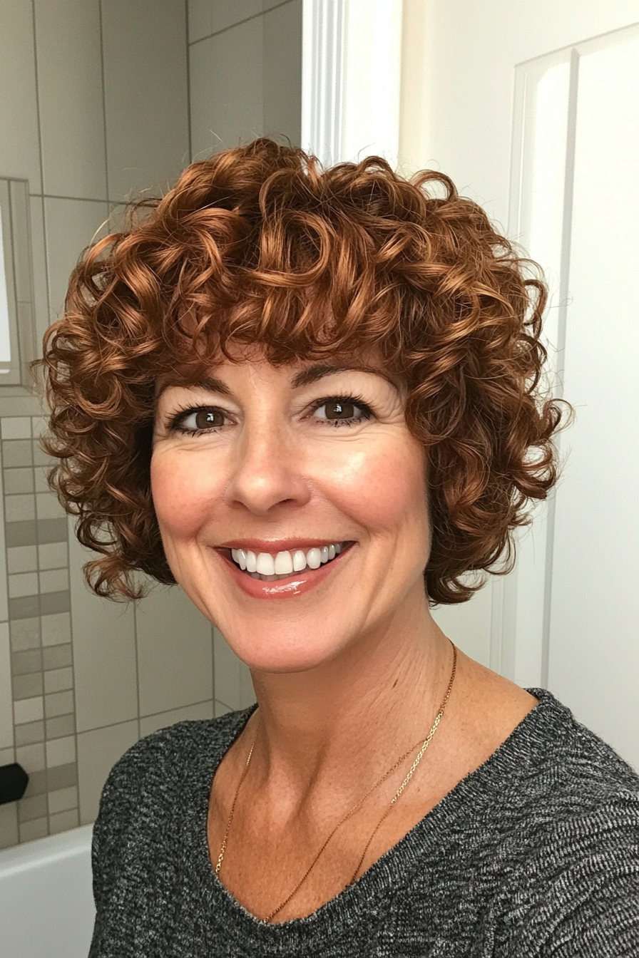 22. Short Curly Bob with Side-Swept Bangs in Chestnut Brown (Short Haircuts For Women Over 60 With Curly Hair) - Short Haircuts For Women Over 60 With Curly Hair
