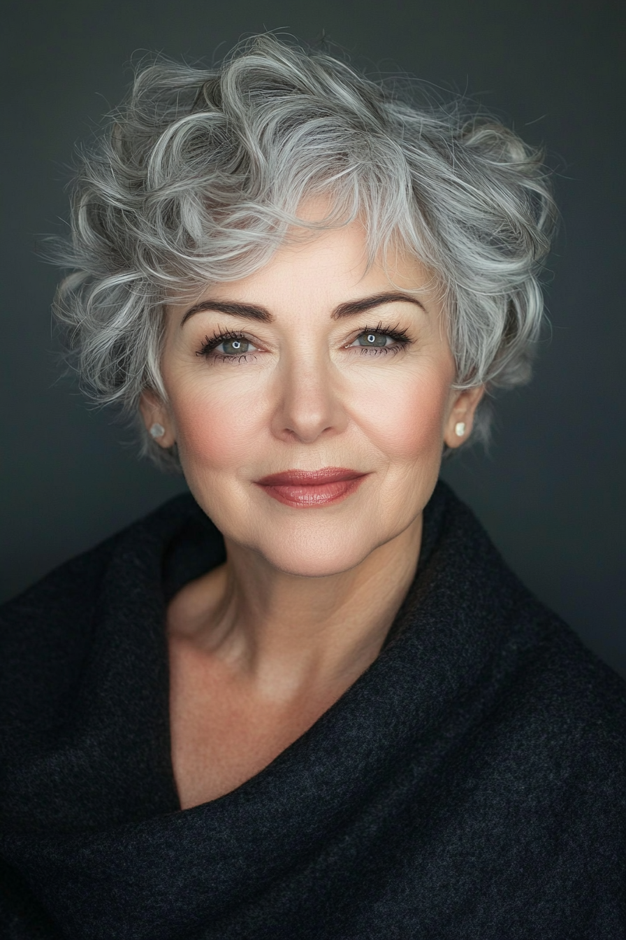 23. Layered Pixie with Soft Waves in Silver Gray (Short Haircuts For Women Over 60 With Curly Hair) - Short Haircuts For Women Over 60 With Curly Hair