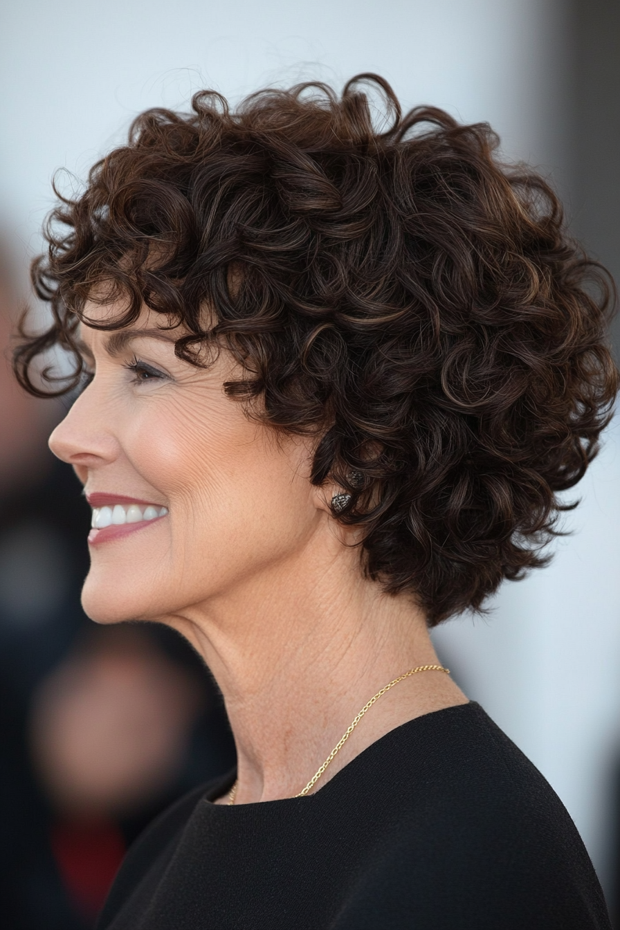 24. Curly Shag with Defined Curls in Dark Brown (Short Haircuts For Women Over 60 With Curly Hair) - Short Haircuts For Women Over 60 With Curly Hair