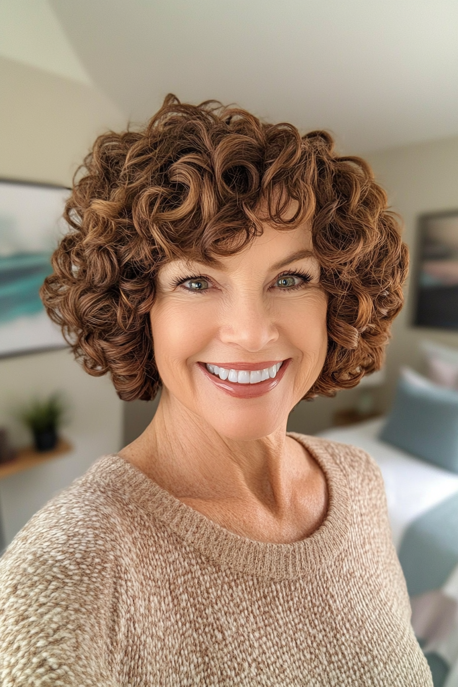 25. Rounded Curly Cut in Warm Brown (Short Haircuts For Women Over 60 With Curly Hair) - Short Haircuts For Women Over 60 With Curly Hair