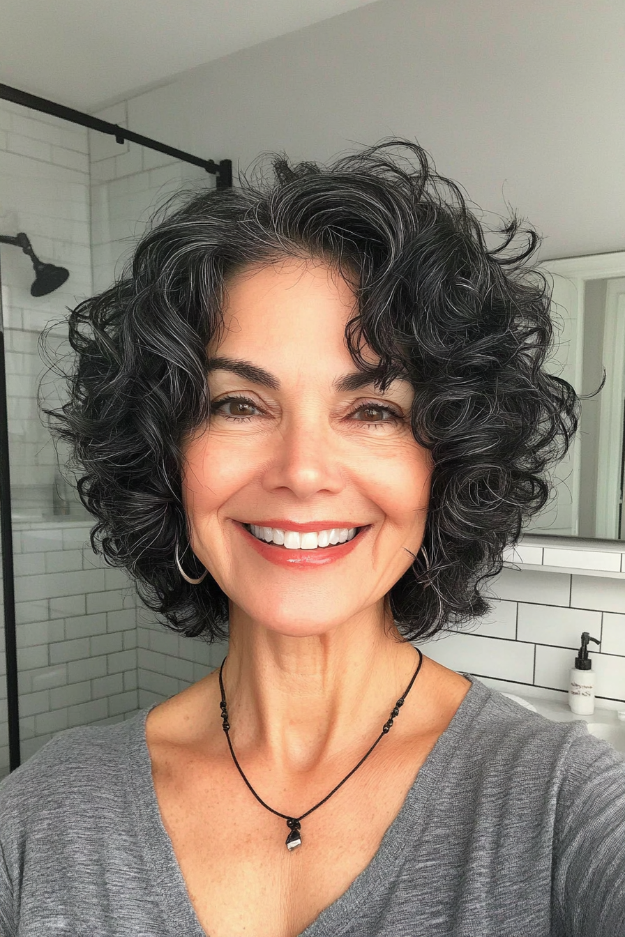 26. Ear-Length Bob with Loose Curls in Soft Black (Short Haircuts For Women Over 60 With Curly Hair) - Short Haircuts For Women Over 60 With Curly Hair