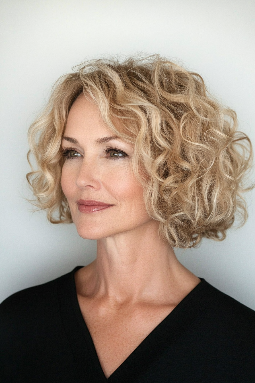 27. Short Angled Bob with Natural Curls in Dark Blonde (Short Haircuts For Women Over 60 With Curly Hair) - Short Haircuts For Women Over 60 With Curly Hair