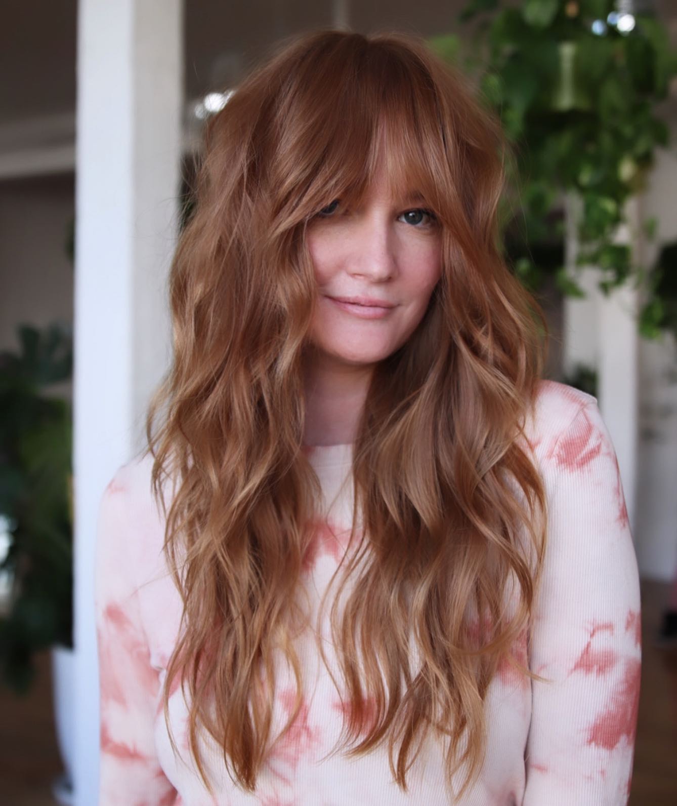 5. Cinnamon Copper Waves with Full Fringe - Long Hairstyle Ideas for Women