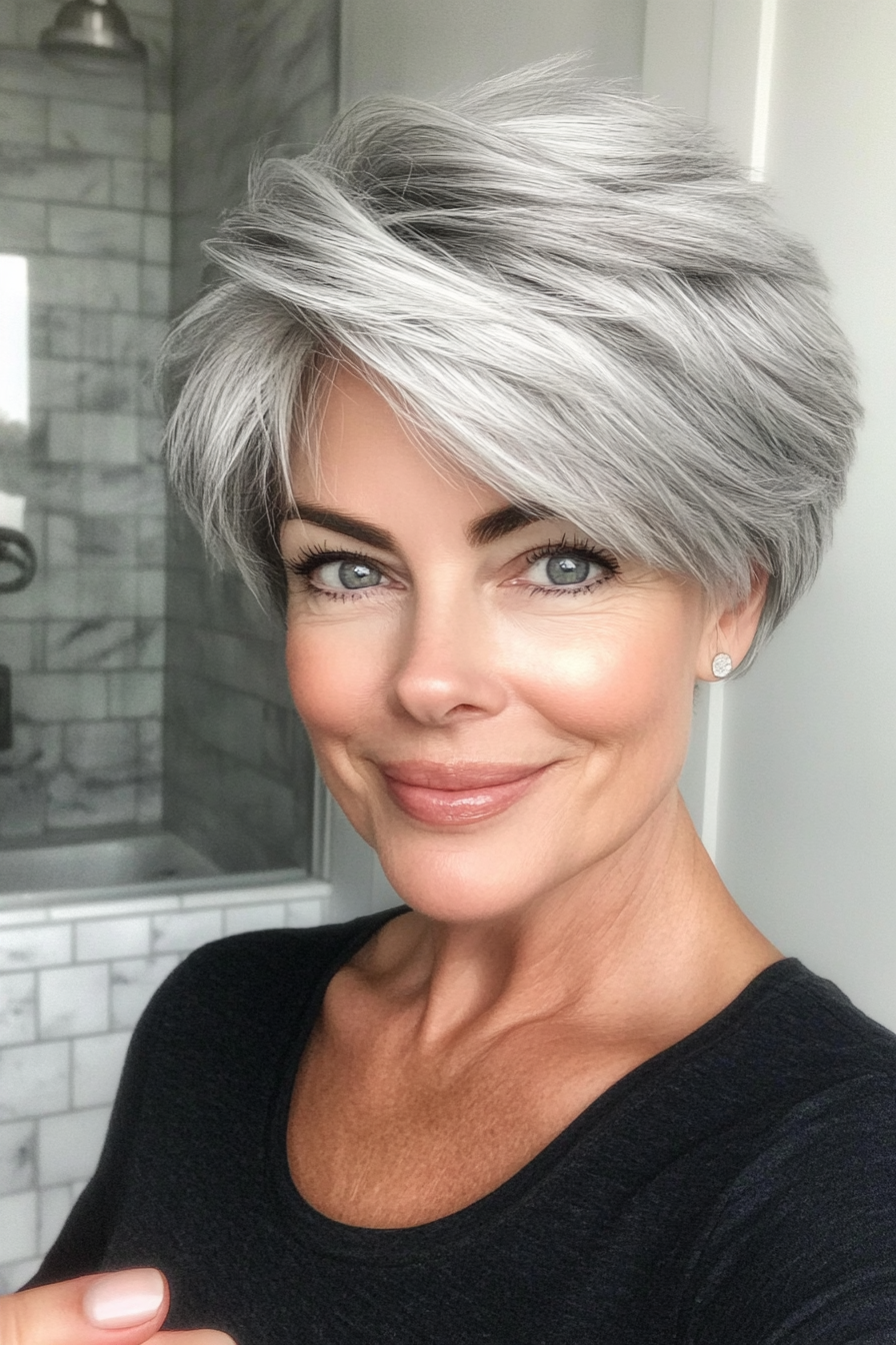 1. Soft Feathered Pixie in Silver Gray (Short Layered Hairstyles For Women Over 60) - Short Layered Hairstyles For Women Over 60
