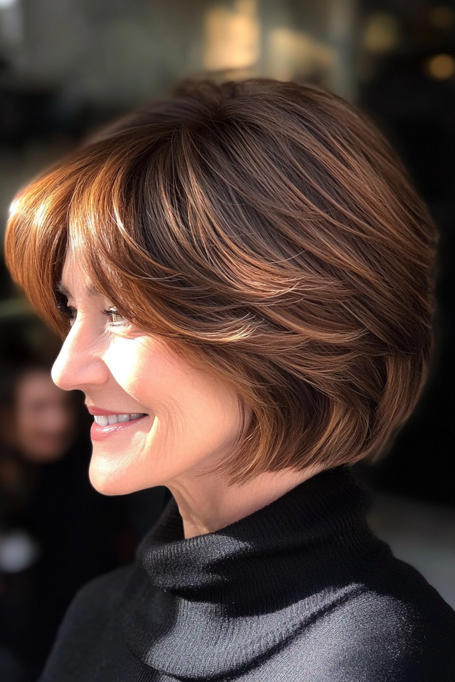 2. Layered Bob with Side-Swept Bangs in Chestnut Brown (Short Layered Hairstyles For Women Over 60) - Short Layered Hairstyles For Women Over 60