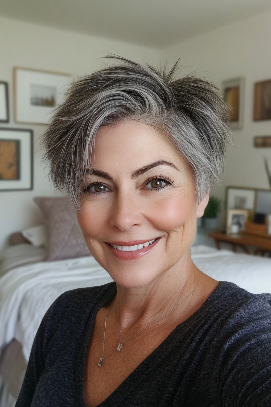 3. Textured Crop with Wispy Ends in Salt-and-Pepper (Short Layered Hairstyles For Women Over 60) - Short Layered Hairstyles For Women Over 60