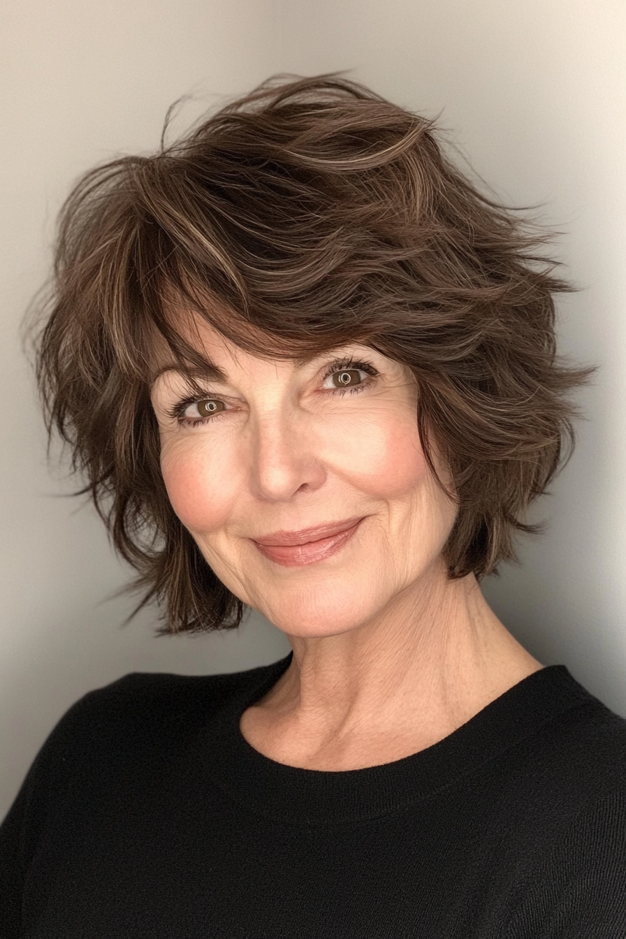4. Tousled Shaggy Bob in Dark Brown (Short Layered Hairstyles For Women Over 60) - Short Layered Hairstyles For Women Over 60