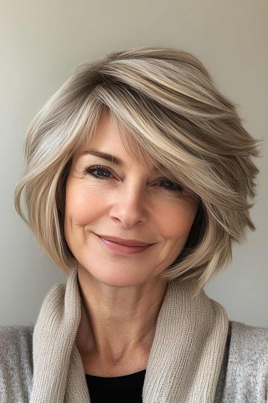 6. Short Layered Cut with Curtain Bangs in Warm Blonde (Short Layered Hairstyles For Women Over 60) - Short Layered Hairstyles For Women Over 60