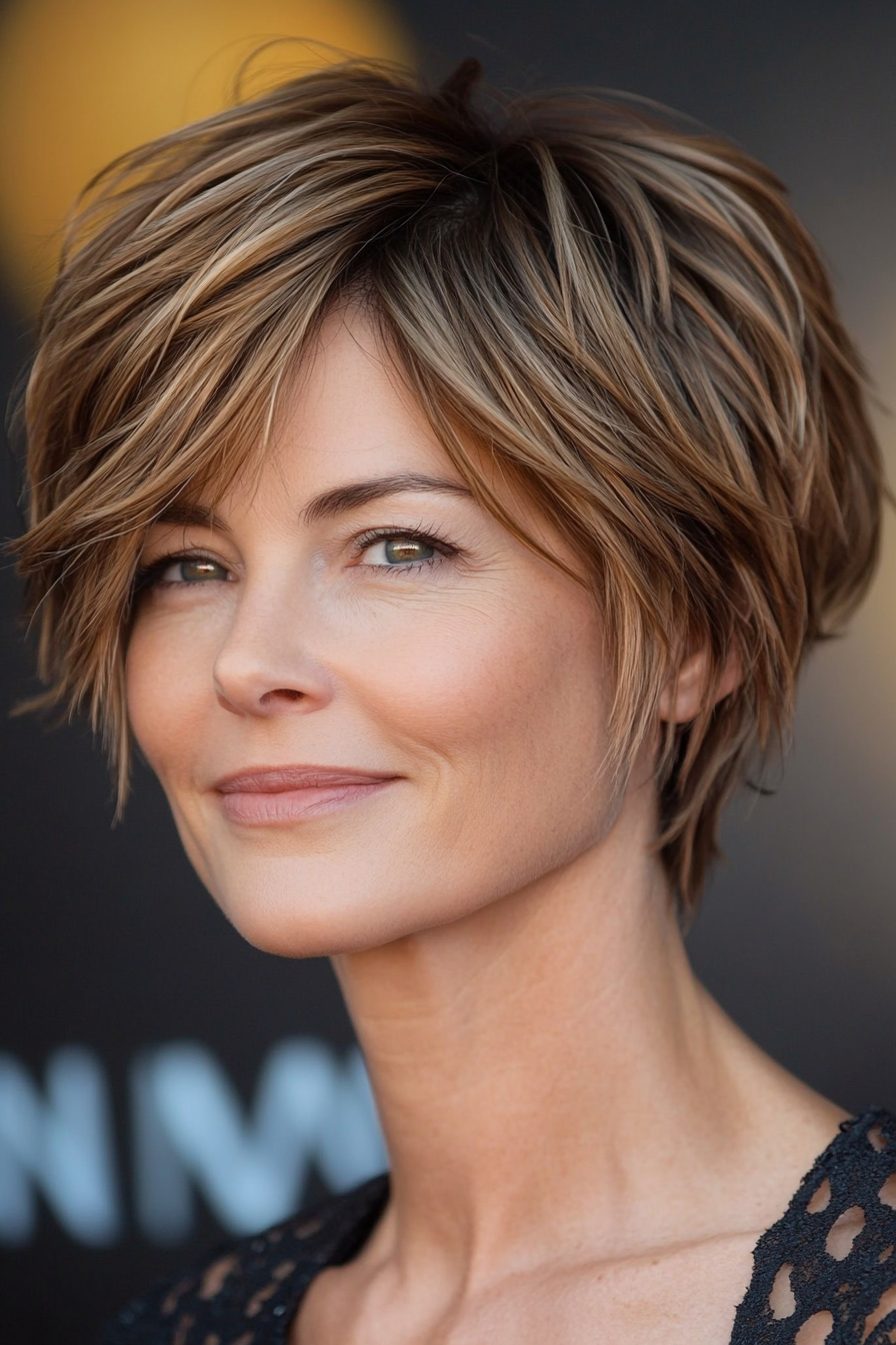 8. Choppy Layered Pixie in Light Brown (Short Layered Hairstyles For Women Over 60) - Short Layered Hairstyles For Women Over 60