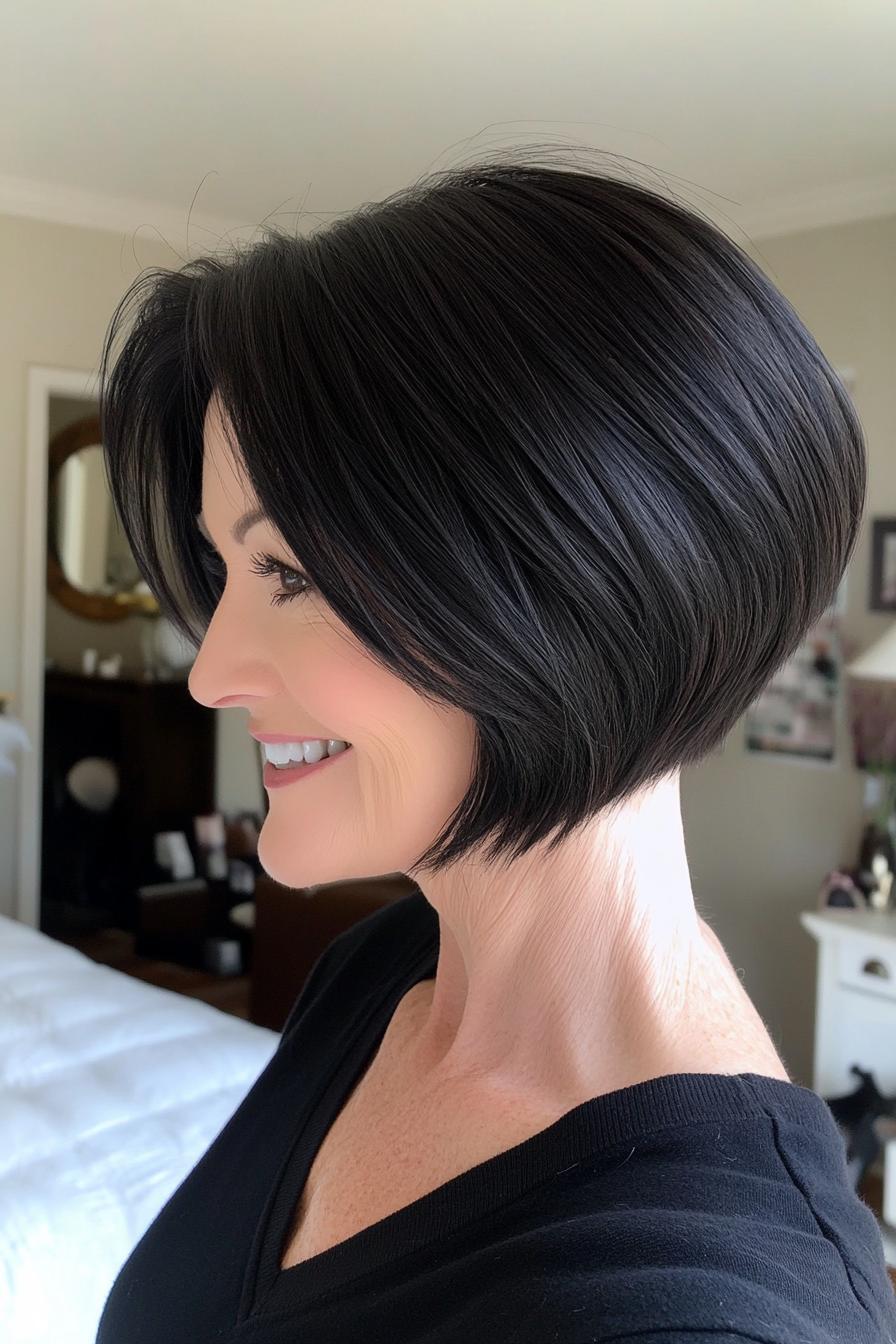 9. Sleek Asymmetrical Bob in Jet Black (Short Layered Hairstyles For Women Over 60) - Short Layered Hairstyles For Women Over 60