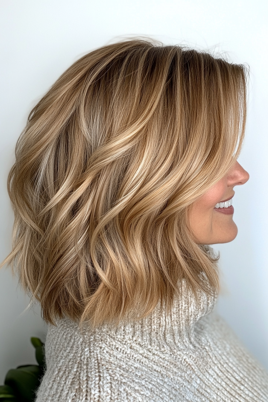 10. Wavy Layered Lob in Honey Blonde (Short Layered Hairstyles For Women Over 60) - Short Layered Hairstyles For Women Over 60