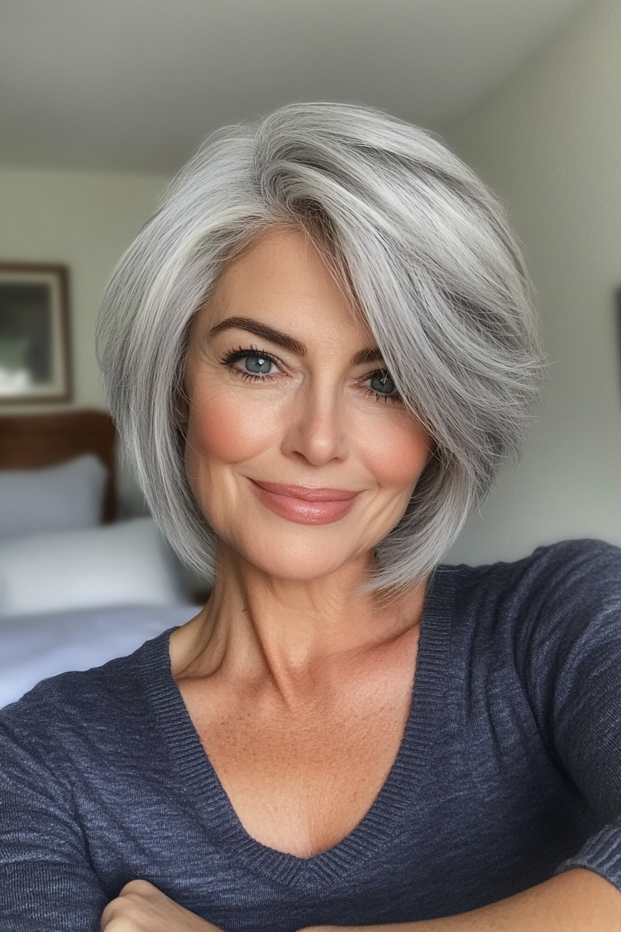 11. Short Feathered Cut with Volume in Platinum Gray (Short Layered Hairstyles For Women Over 60) - Short Layered Hairstyles For Women Over 60