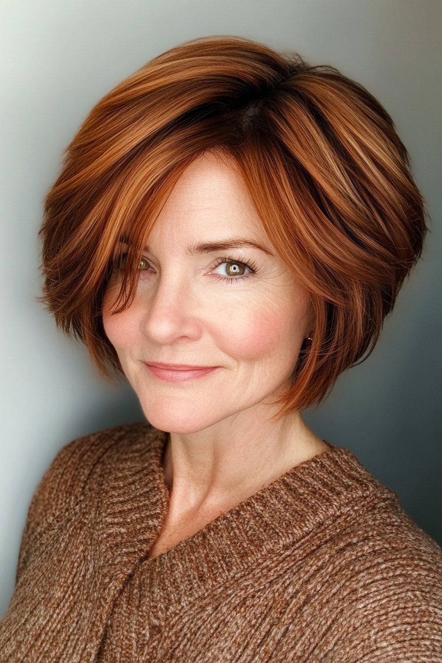 12. Layered Crop with Side Part in Auburn Brown (Short Layered Hairstyles For Women Over 60) - Short Layered Hairstyles For Women Over 60