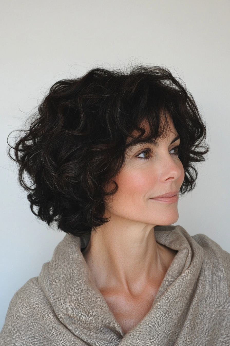 13. Soft Curly Bob with Layers in Natural Black (Short Layered Hairstyles For Women Over 60) - Short Layered Hairstyles For Women Over 60