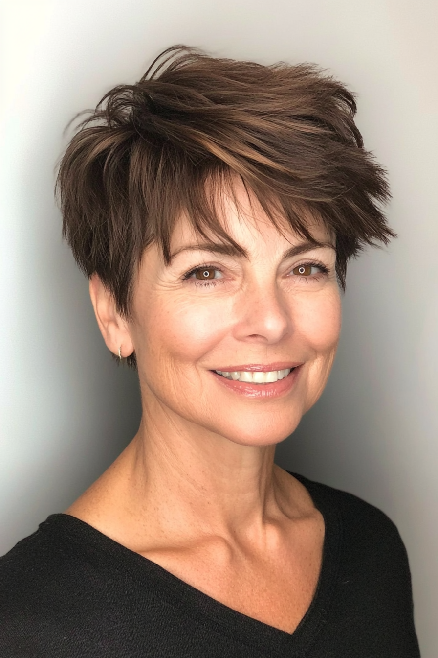 14. Edgy Layered Pixie with Undercut in Dark Chocolate Brown (Short Layered Hairstyles For Women Over 60) - Short Layered Hairstyles For Women Over 60
