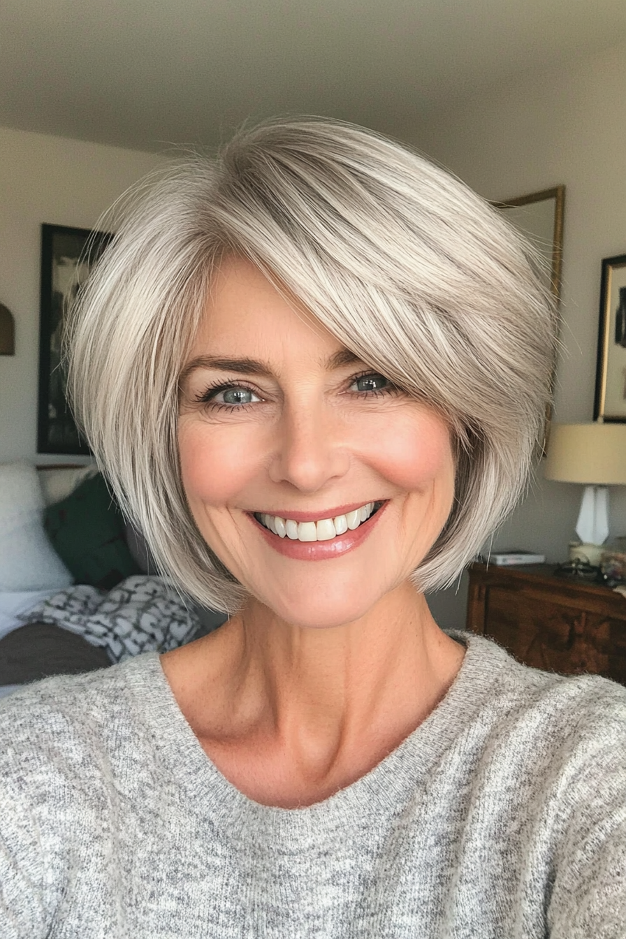 15. Short Shag with Face-Framing Layers in Silver Blonde (Short Layered Hairstyles For Women Over 60) - Short Layered Hairstyles For Women Over 60