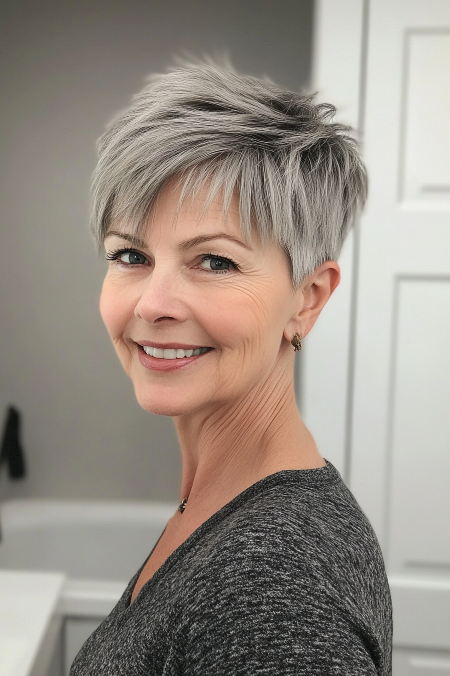17. Textured Pixie with Long Bangs in Ash Gray (Short Layered Hairstyles For Women Over 60) - Short Layered Hairstyles For Women Over 60