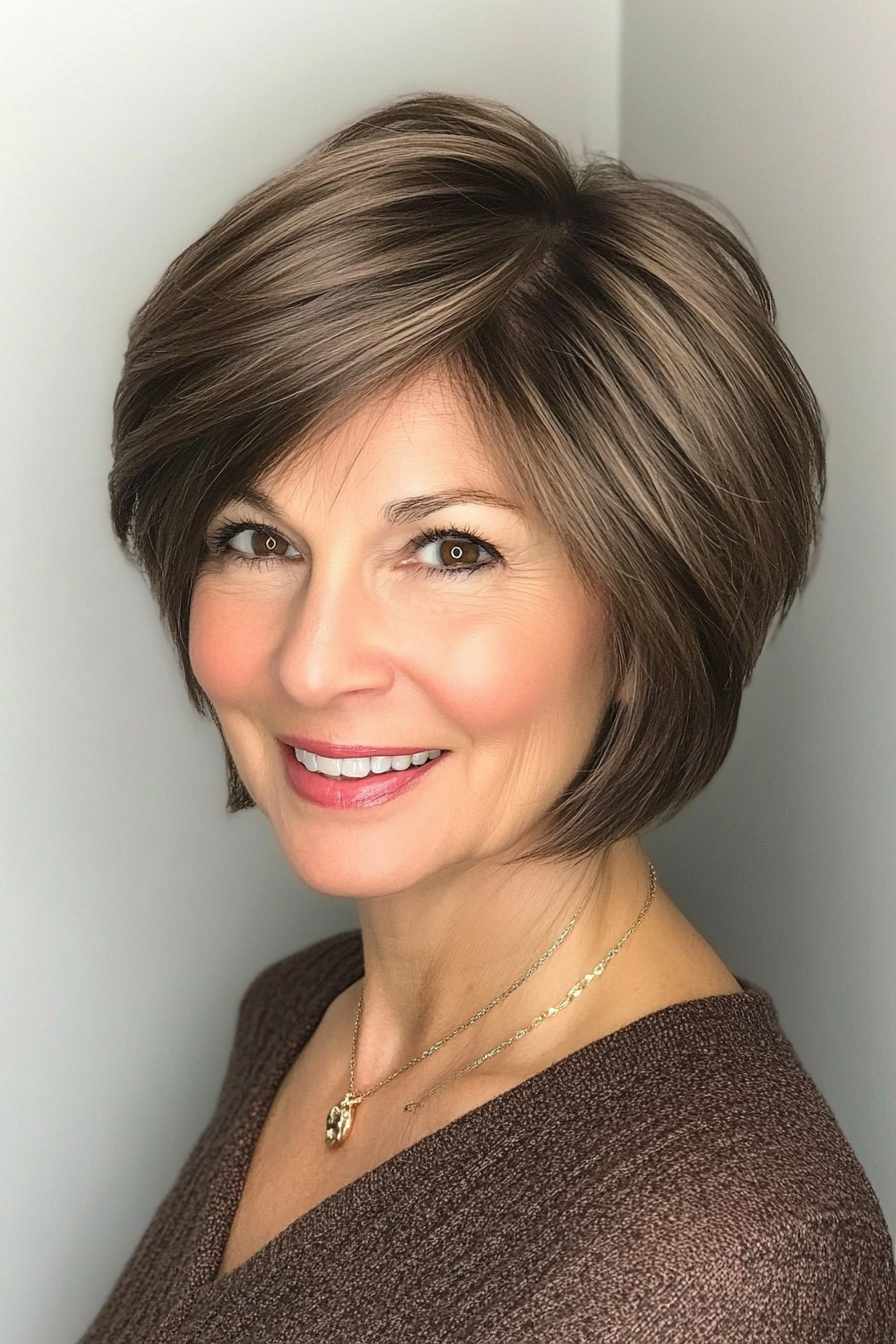 19. Sleek Bob with Stacked Layers in Espresso Brown (Short Layered Hairstyles For Women Over 60) - Short Layered Hairstyles For Women Over 60