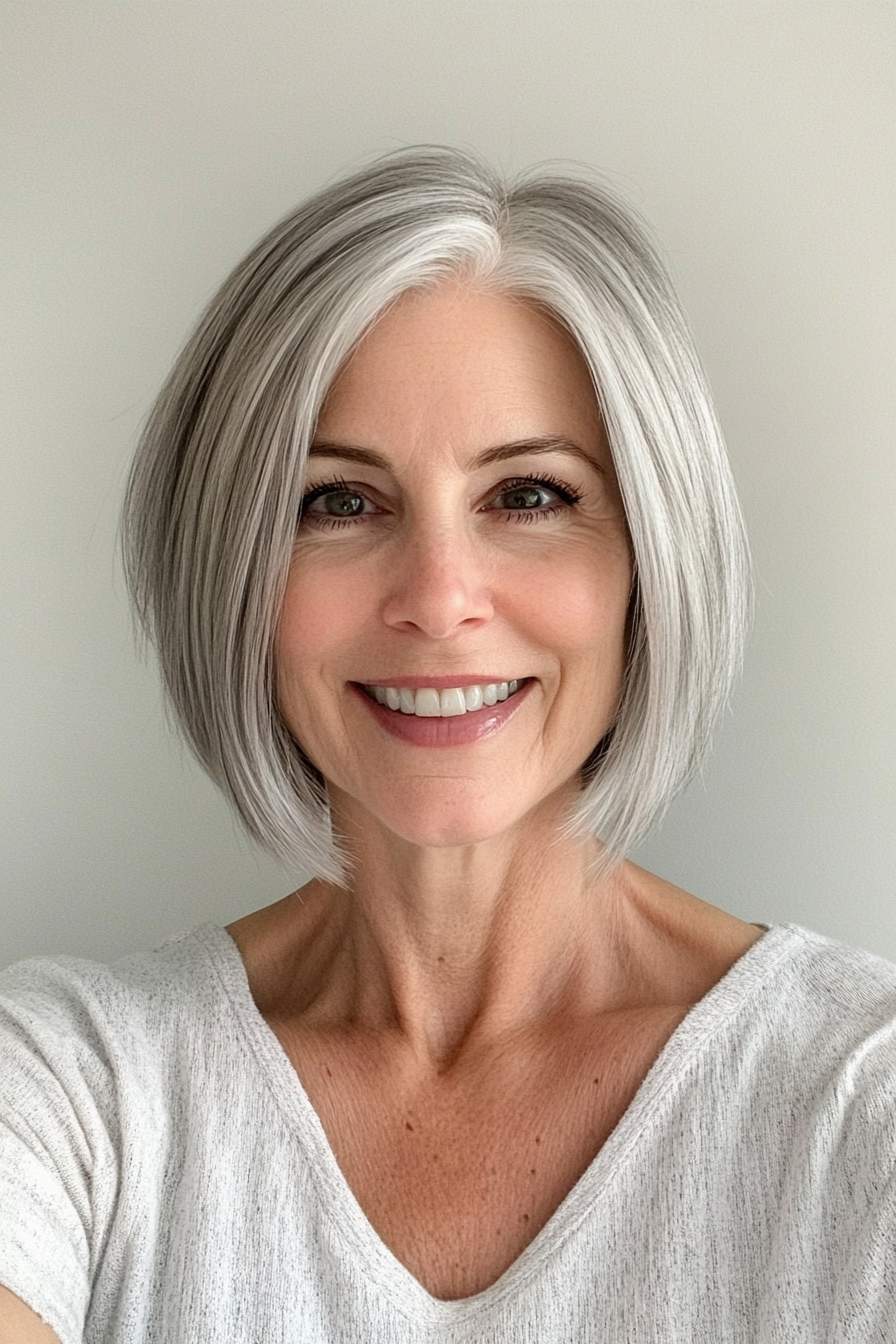 20. Chin-Length Layered Bob in Natural Silver (Short Layered Hairstyles For Women Over 60) - Short Layered Hairstyles For Women Over 60