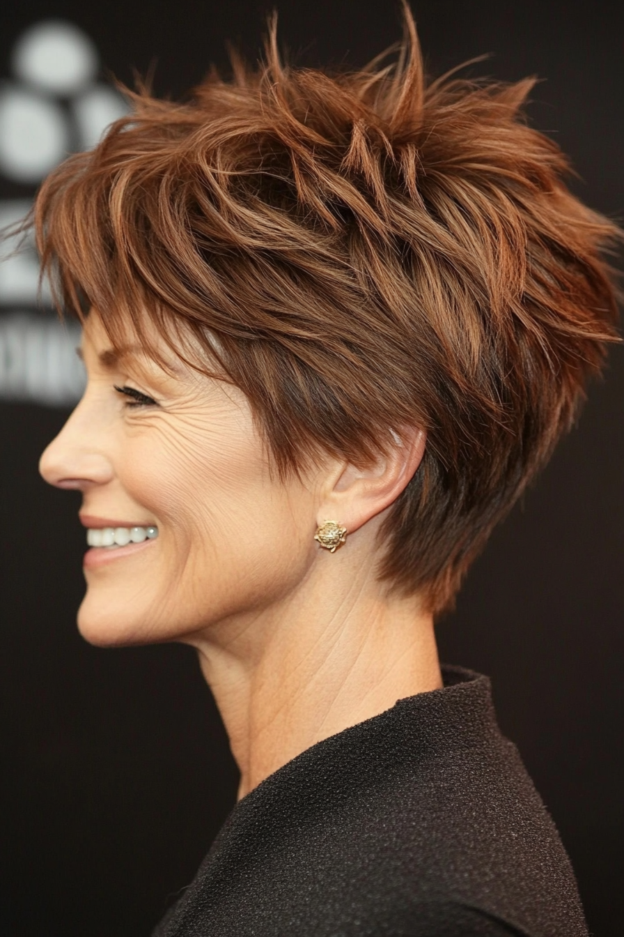 21. Pixie Cut with Textured Top in Caramel Brown (Short Layered Hairstyles For Women Over 60) - Short Layered Hairstyles For Women Over 60